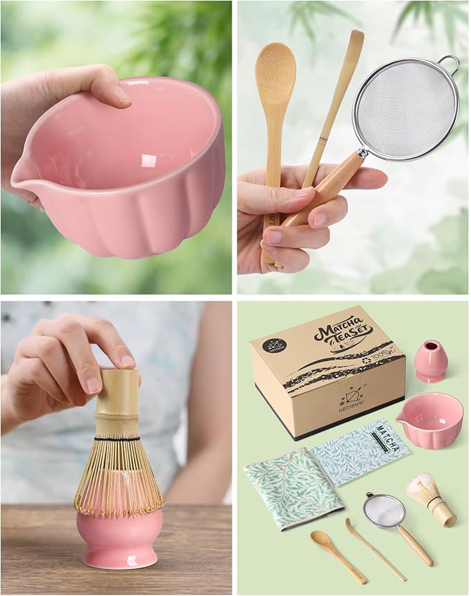 Matcha Whisk Set, 7 Pcs, Matcha Kit Includes Matcha Bowl, Matcha Whisk and Holder, Bamboo Scoop, Spoon, Sifter and Tea Towel, Matcha Set, Gift for Matcha Lovers & Beginners (Pink)