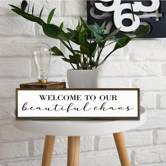 Funny Wood Sign, Wall Decor Art, Positive Home Decors, Front Door Decor for Shelf, Housewarming Gift, Framed Wooden Box Signs, Welcome to Our Beautiful Chaos Sign 17.8x4x1.2 inches - Image 4