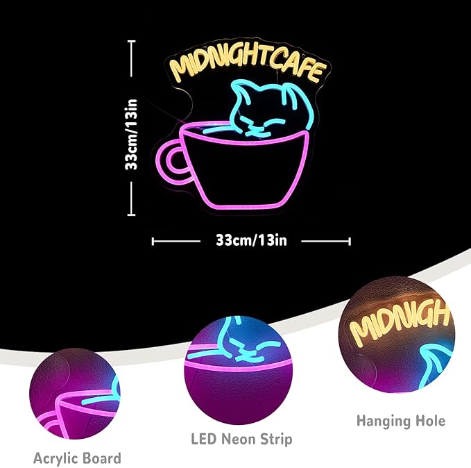 Coffee Neon Sign for Wall Decor Cat Neon Light Midnight Cafe Led Neon Signs Colorful LED Neon Lights for Coffee Shop Dessert Shop Bakery Cafe Dcoration
