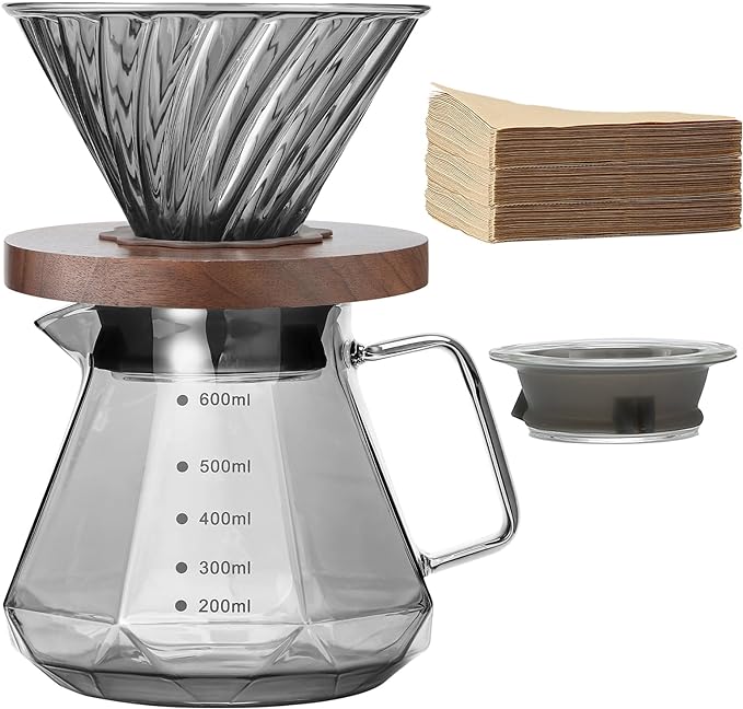 Pour Over Coffee Maker, 20 oz Borosilicate Glass Carafe with 100 pcs Paper Filter, Walnut Handle & Glass Lid, Drip Coffee Maker for Home Café Restaurant Camping, 600 ml, Gray