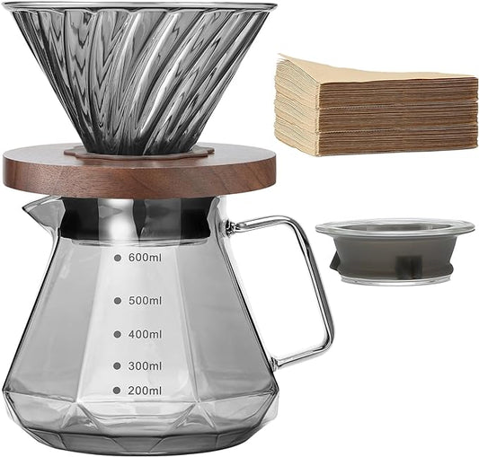 Pour Over Coffee Maker, 20 oz Borosilicate Glass Carafe with 100 pcs Paper Filter, Walnut Handle & Glass Lid, Drip Coffee Maker for Home Café Restaurant Camping, 600 ml, Gray