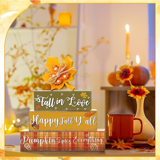 Geelin 4 Pcs Thanksgiving Decorations Fall Wooden Sign Maple Leaves Thanksgiving Pumpkin Table Centerpiece Tiered Tray Decor Fall Wood Blocks Tiered Tray Decor Table Top Sign for Home