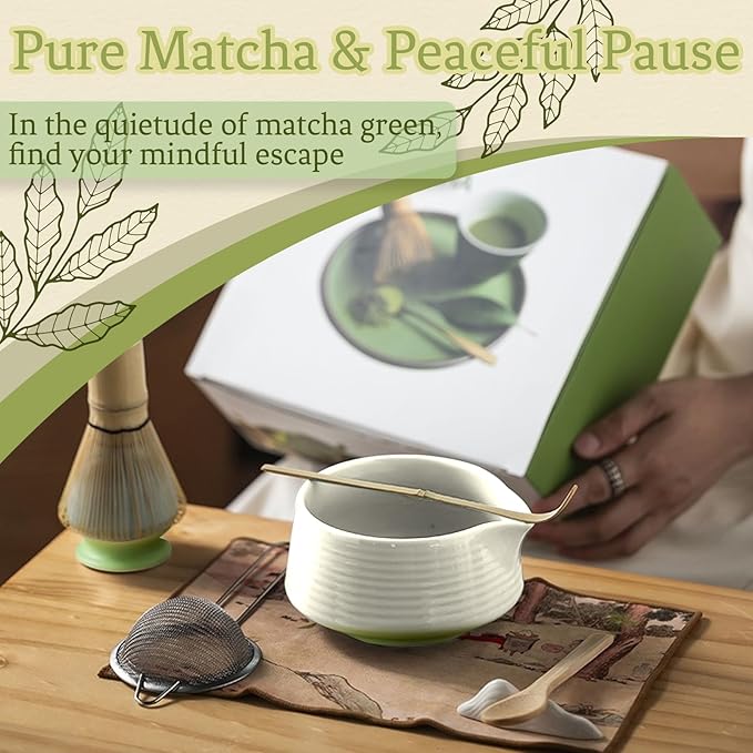 8 Pcs Matcha Whisk Set Chasen Matcha Whisk Bamboo Bowl with Spout Sifter Spoon Scoop Whisk Holder Bamboo Mat Complete Matcha Making Kit (Green)