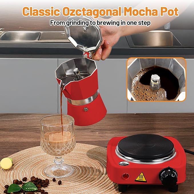 2-in-1 Aluminum Moka Pot Set with Electric Stove Classic Stovetop Espresso Coffee Maker 150ml 5oz Mocha Express Portable Camping Travel Preferred Cafe Makers Italian Cuban Café Brewing 3 Cup