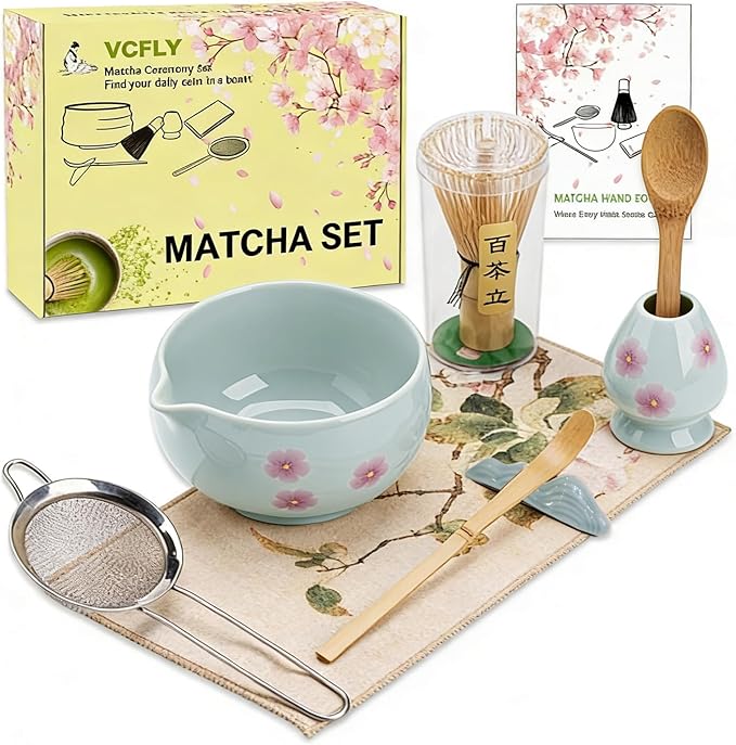 Matcha Whisk Set,8 Pcs Ceramic Matcha Set,Matcha Kit for Matcha Lovers,Tradition Tea Set Includes Bowl,Bamboo Whisk and Holder,Scoop,Sifter and Towel,Gift for Family and Friend (Light blue)