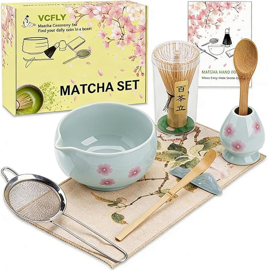Matcha Whisk Set,8 Pcs Ceramic Matcha Set,Matcha Kit for Matcha Lovers,Tradition Tea Set Includes Bowl,Bamboo Whisk and Holder,Scoop,Sifter and Towel,Gift for Family and Friend (Light blue)