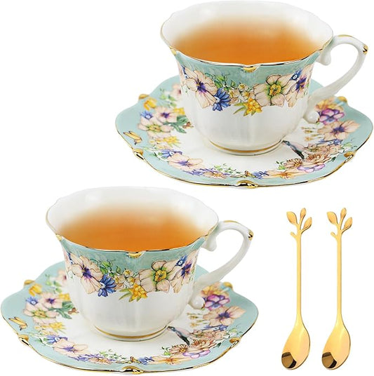 Country Roses Porcelain Tea Cup and Saucer Set with Gold Trim, Vintage Style, For Women and Tea Parties (2, Light Cyan)
