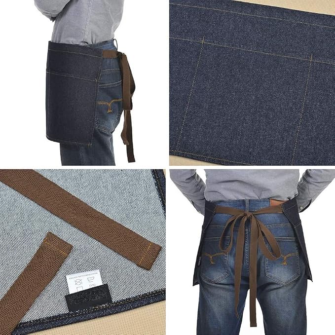 Unisex Apron Black Denim Short Apron with 3 Large Pocket Waist Apron for Waiter, Bartender, Barista - Image 5