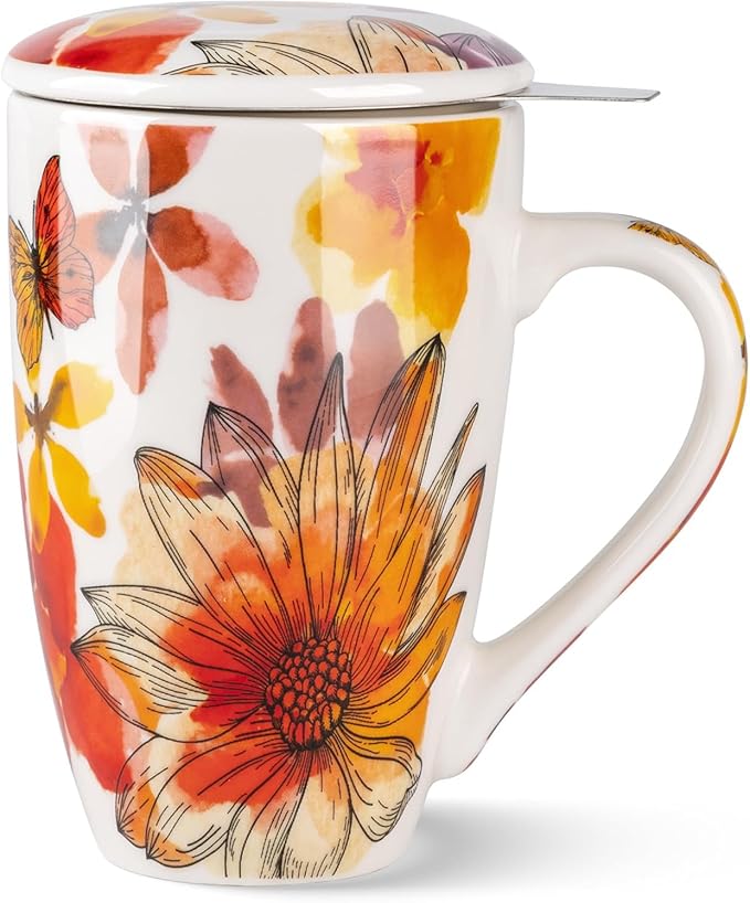 GBhome Tea Mug with Infuser and Lid, 18 Ounce Large Ceramic Loose Leaf Cup, Microwave, Dishwasher Safe, Perfect for Tea Lovers