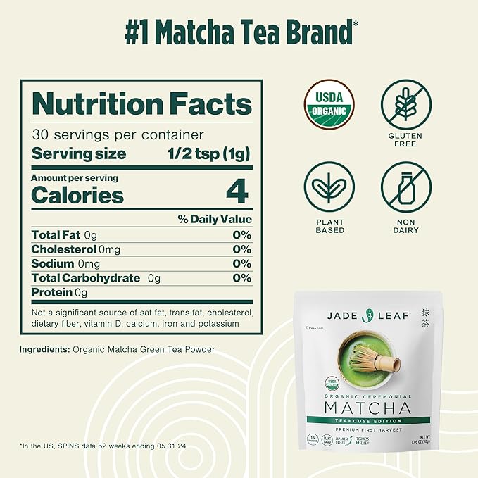 Jade Leaf Matcha Organic Ceremonial Grade Matcha Green Tea Powder - 100% Pure Japanese First Harvest Green Tea for Ceremonies, Usucha, Lattes 30g / 1.06 Oz Pouch (Pack of 1)