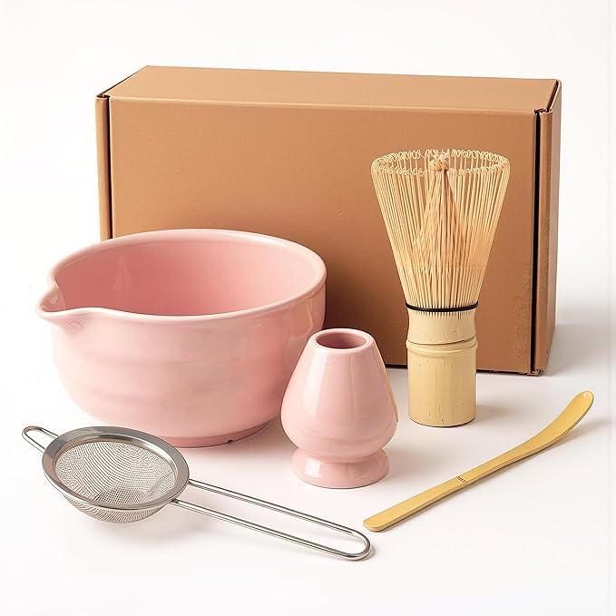 Pink Matcha Whisk Set 5pcs Matcha Set With A Bowl, Mini Whisk And Holder, Bamboo Scoop And Stainless Steel Sifter Perfect Matcha Kit For Gifts