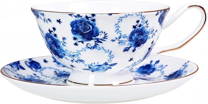 Tea cup and Saucer Set Royal Garden Style Tea Coffee Cup with Saucer 7 Ounces Bone China Teacup and saucer Set (Blue flower)