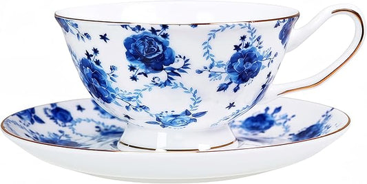 Tea cup and Saucer Set Royal Garden Style Tea Coffee Cup with Saucer 7 Ounces Bone China Teacup and saucer Set (Blue flower)