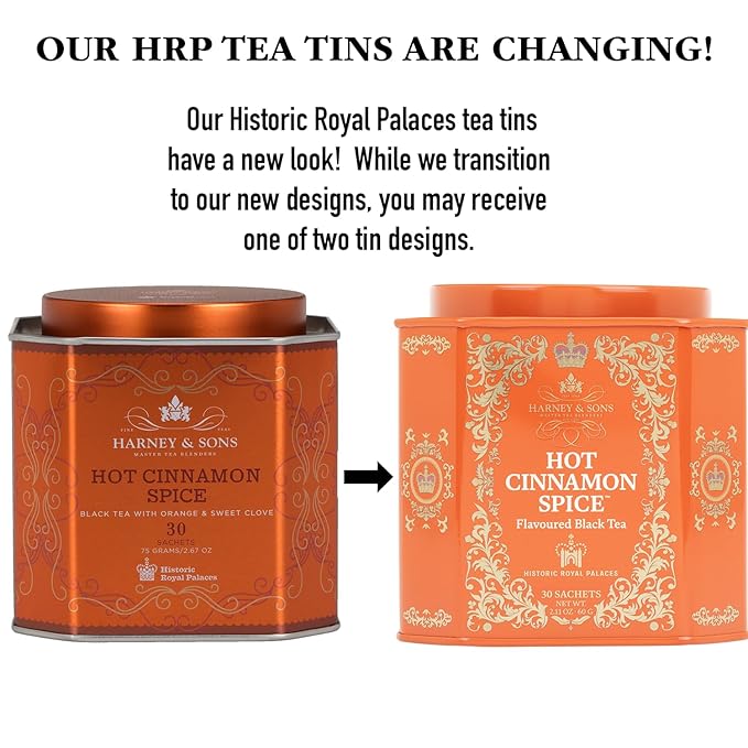 Harney & Sons Hot Cinnamon Spice Tea Tin - Black Tea with Orange & Sweet Clove - 2.67 Ounces, 30 Sachets