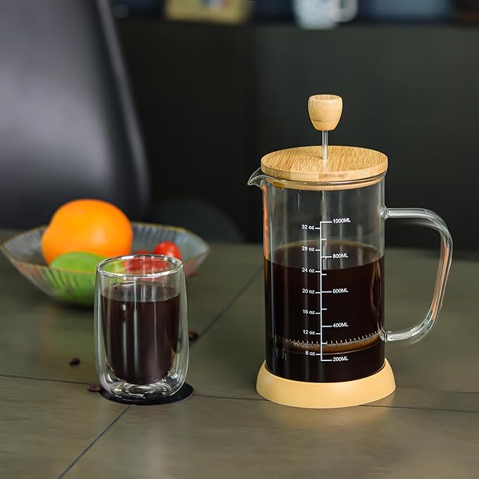 wedrink 34oz French Press Coffee Maker - Thicken Heat-Resistant Borosilicate Glass Bamboo Lid Plastic Free Coffee Press (1000ml)