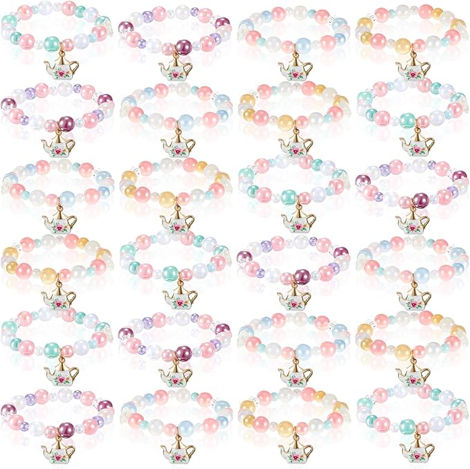 Ecally 24 Pcs Tea Party Favors Bracelet Bulk Tea Pot Beaded Bracelet Gift Party Supplies Pot Pendant Accessories Decorations for Kids Girl