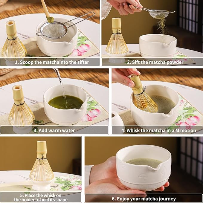 Matcha Set, 8-Piece Ceramic Matcha Bowl & Whisk Kit with Mushroom Pattern, Traditional Japanese Chawan, Bamboo Chasen, Scoop & Sifter, Gift for Tea Lovers, Zen Tea Ceremony Accessories (white)