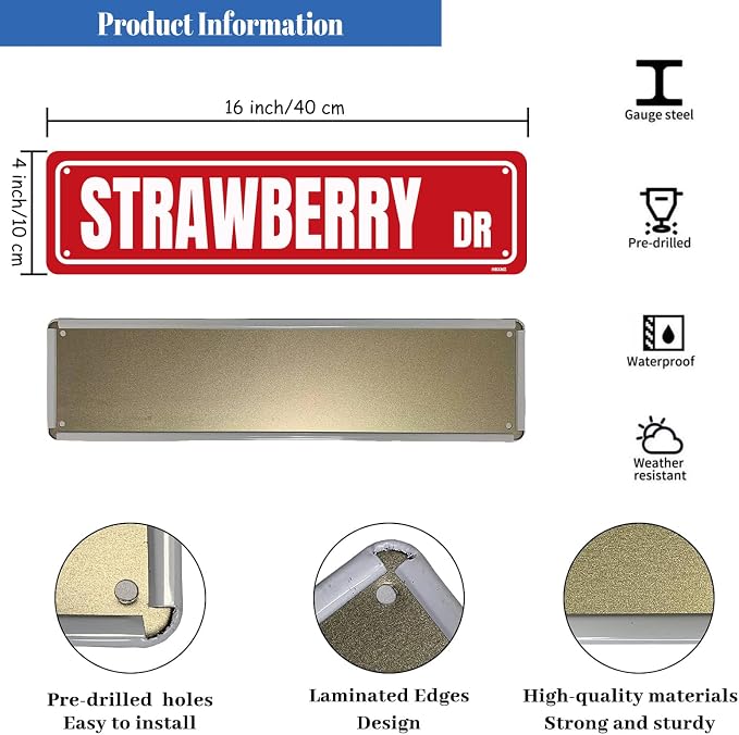 STRAWBERRY Sign Metal Tin Signs Street Road Sign for Cafes Bar Pub Beer Club Wall Home Decor 16X4 Inches - Image 2