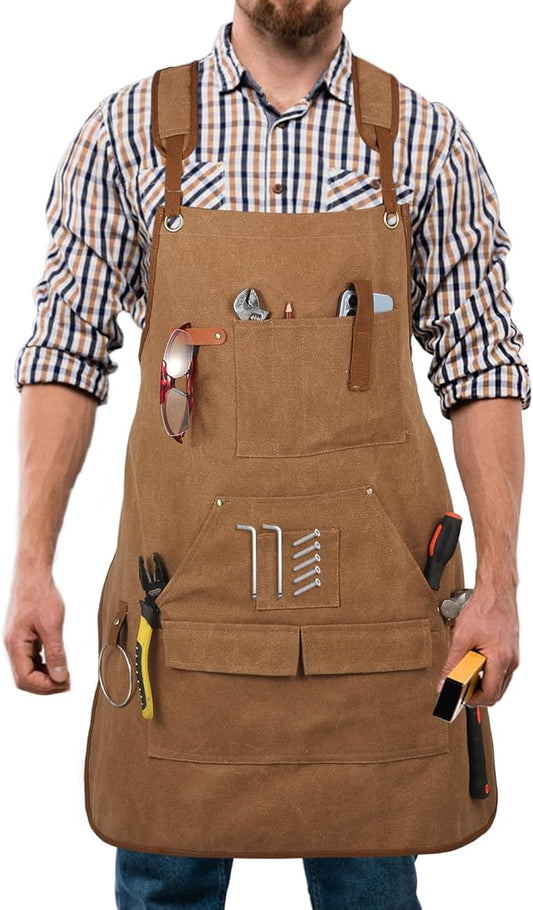 Men's Canvas Tool Apron, Heavy Duty Multi-Pocket Work Apron for Woodworking Gardening Bartender Adjustable Straps