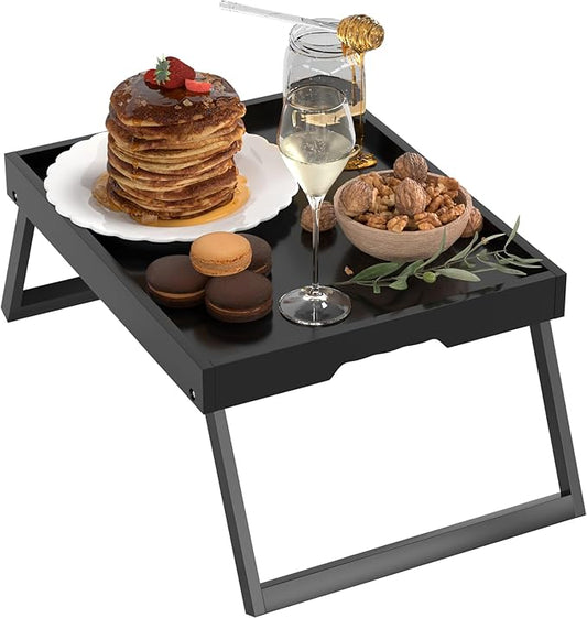 Bamboo Bed Tray Table with Foldable Legs, Breakfast in Bed Tray for Eating, Kitchen Serving Trays, Folding Table for Sofa, Beds, Eating, Working, Used As Laptop Desk Snack Trays, Large Black