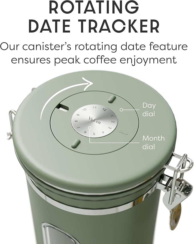 Veken Coffee Canister with Window, Easter Gifts Airtight Stainless Steel Container with Lids, Home Kitchen Food Storage Jars for Grounds, Beans, Tea, Flour, Cereal, Sugar, Basket, Scoop, 22OZ, Green