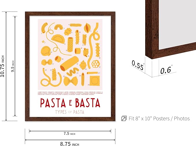 Poster Master Vintage Illustration Poster - Retro Food Print - Types of Pasta, Yellow, Spaghetti, Rotini, Penne - Gift for Artist, Chef - Wall Decor for Kitchen, Restaurant, 8x10 Brown Framed