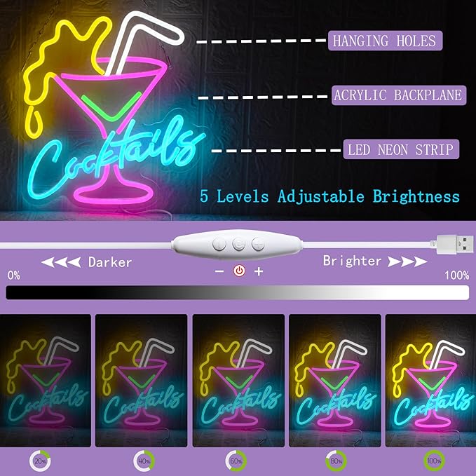 Cocktail Neon Sign for Wall Decor Bar LED Light up Signs Dimmable Cocktails Neon Lights for Bar Hotel Party Club Office Kitchen Restaurant Decoration