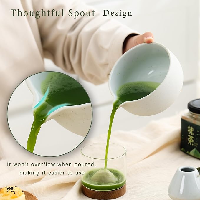 Matcha Set, Japanese Tea Set Includes Matcha Bowl with Spout, Matcha Whisk Holder (chasen), 15.2 oz Handcrafted Coarse Pottery Ceramic Matcha Kit for Matcha Lovers