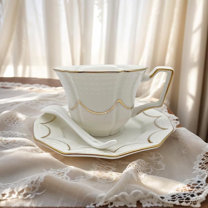 Tea Cup and Saucer Set for 1, Coffee Cup with Saucer and Spoon, Espresso Latte Cup for Women Gift, Dishwasher Safe, 6.8 Oz