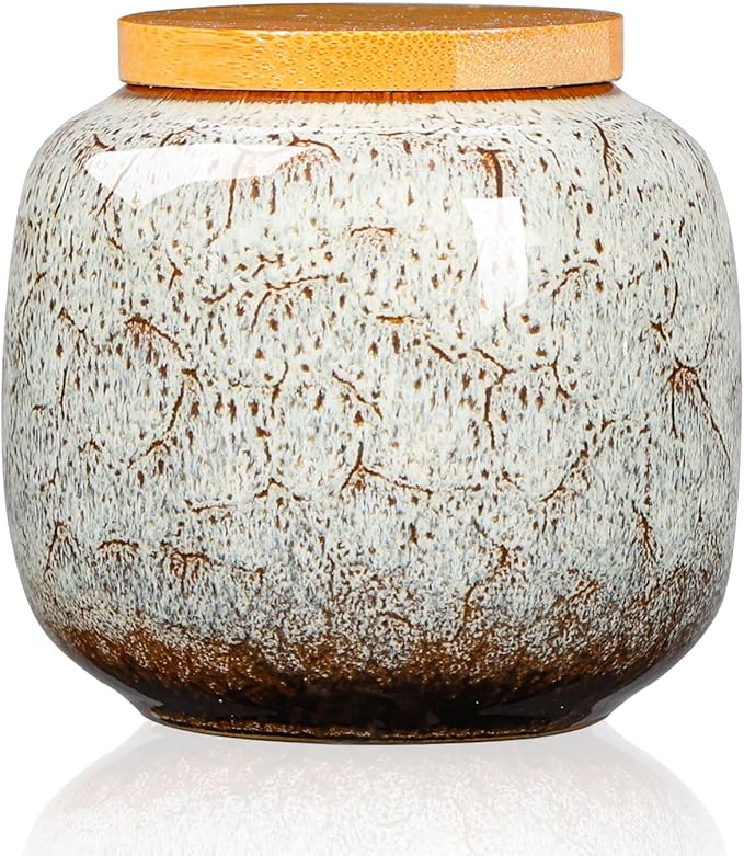 6oz Flambe Glaze Ceramic Loose Tea Canister Vintage Storage Jars with Airtight Wooden Lid White Matcha Tin Container for Coffee Beans Condiments
