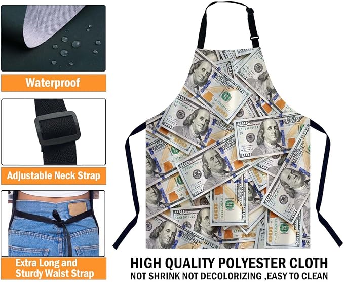 Hundred Dollar Bill Apron Adjustable Neck Bib Apron for Men Women,Suitable for Kitchen Cooking Waitress Chef Apron - Image 3