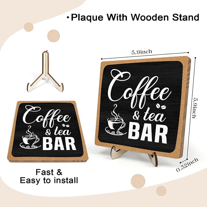 Coffee Bar Sign Plaque Decor,Cafe Station Accessorie for Office,Rustic Wooden Tabletop Plaque with Stand, Minimalist Farmhouse Kitchen Counter Sign ,Cute Mini Café Bar Decor Gift ,Coffee & Tea Bar Decor Signs 5.9x5.9Inch (Black&Grown)