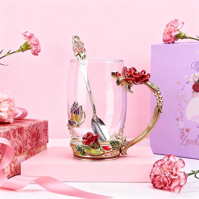 Handicraft Crystal Glass 3D Flower Cups Tea Mug With Tea Spoon Women Coffee, Tea, Juice, Beer, Milk Hot And Cold Drinks Use Gift Package. (Red Rose-Tal)
