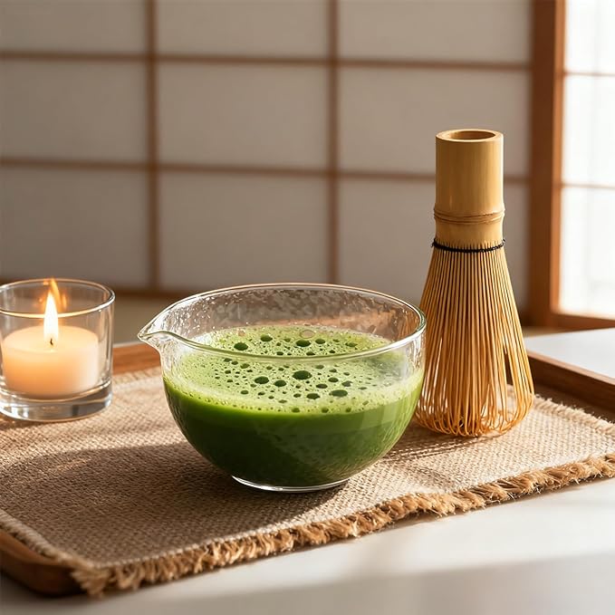 Glass Matcha Bowl With Spout,Textured Glass Chawan Matcha Green Tea Whisk Bowls,Clear Japanese Style Cute Salad Mixing Bowl