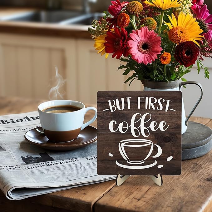 Vintage Coffee Bar Wooden Plaque Desk Sign, Farmhouse Wood Plaque Tabletop Decor for Cafe Bar Kitchen Office,Coffee Station Accessories 5.9x5.9Inch