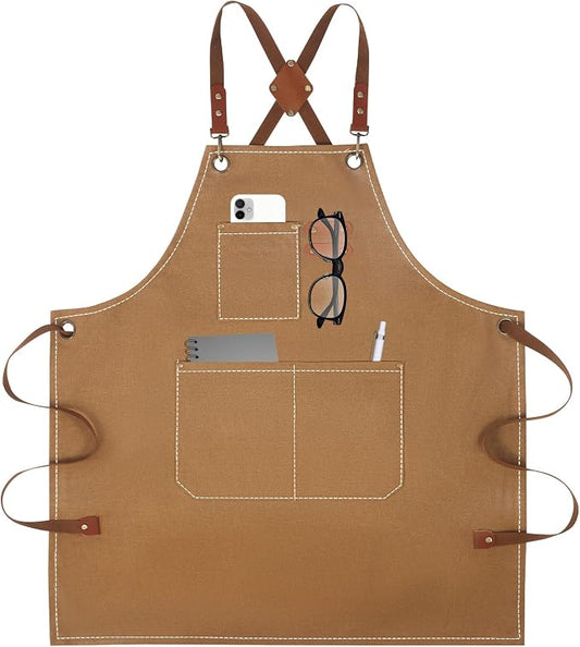 Aprons For Women Men With Large Pockets, Waterproof Cotton Chef Aprons For Cooking Server Grilling Bbq Kitchen by YELEGAI