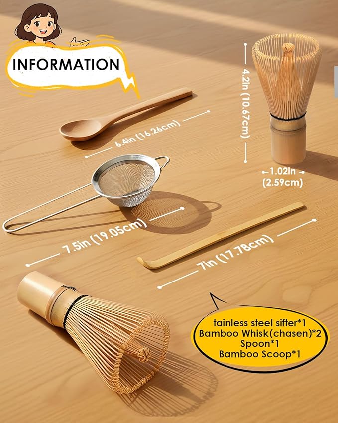 Bamboo Matcha Whisk Set with 2-pack 100% Natural Bamboo matcha Whisk,Sifter,Tea Scoop and Tea Spoon，Handcrafted Traditional Japanese Chasen, Matcha Kit for Authentic Matcha Tea Preparation