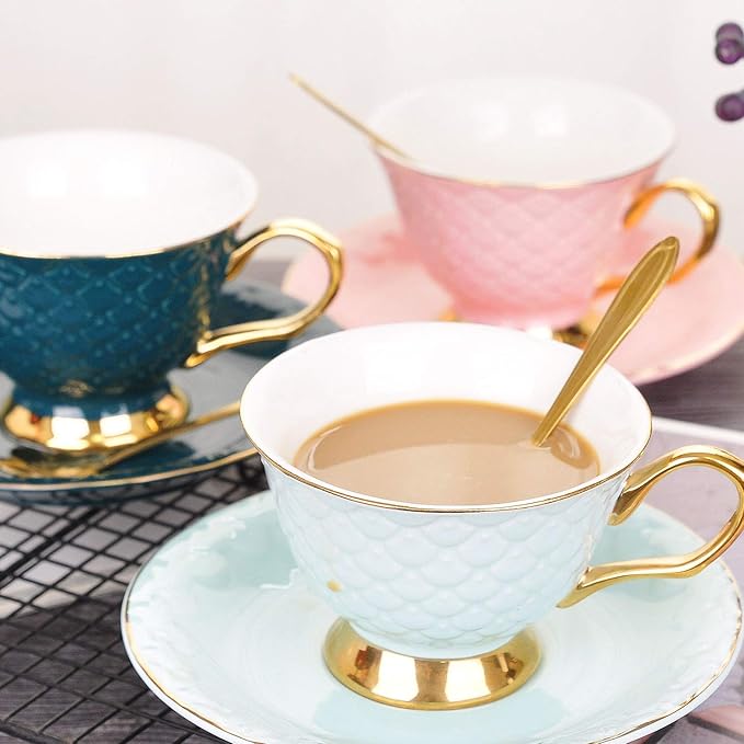 VanEnjoy Pink Vintage 8 Ounces Porcelain Coffee Cup,Tea Cup and Saucer Set and Saucer with Decorative Scale Pattern, Vintage