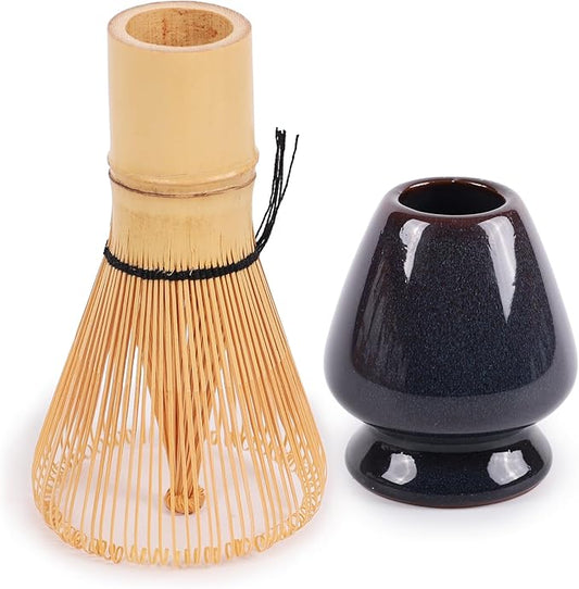 Matcha Tea Bamboo Whisk And Ceramic Rest 2 Piece Set - Temmoku Holder - 1 Set