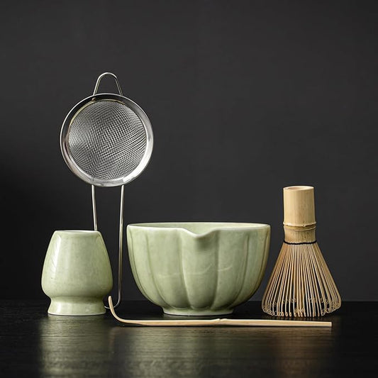 Matcha Whisk Set, Matcha Set Includes Ceramic Matcha Bowl, Bamboo Whisk, Scoop, Chasen Holder, Sifter, 5 Pcs Perfect Matcha Kit for Matcha Lover (Mottled Green)