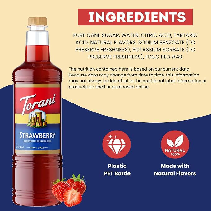 Torani Strawberry Syrup 1 Liter Bottle with Pump – Premium Drink Flavoring Made with Pure Cane Sugar & Natural Flavors for Coffee, Cocktails, Mocktails, Lemonades & Desserts – Café-Quality Sweetener - Image 5
