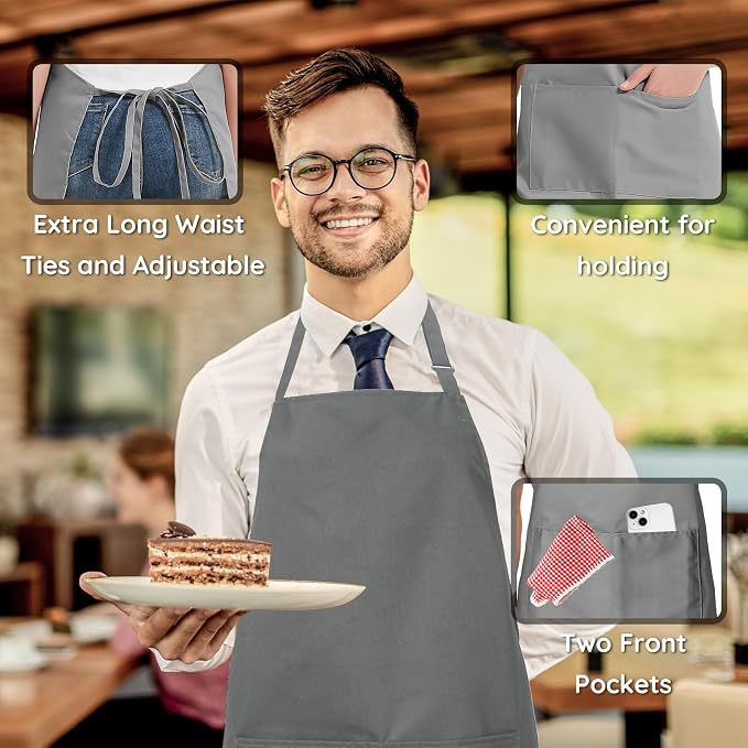 4 Packs Chef Apron, Waterproof Apron, Adjustable Aprons with 2 Pockets for Men Women, Professional Aprons for Kitchen Cooking Gardening Painting Baking Restaurant (Gray) - Image 5