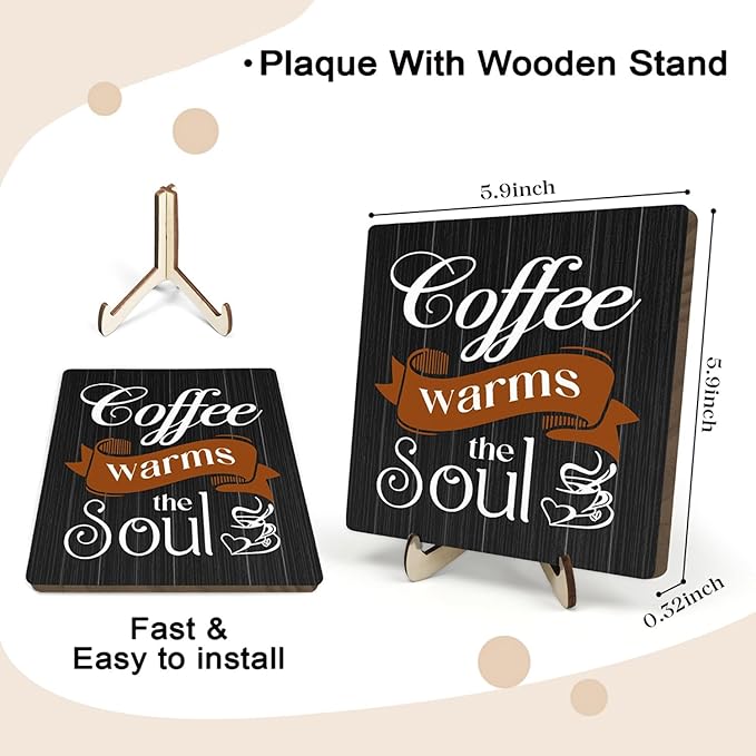 Coffee Bar Sign Plaque Decor,Coffee Bar Accessories,Rustic Wooden Tabletop Plaque with Stand, Minimalist Farmhouse Kitchen Counter Sign,Cute Mini Café Bar Decor Gift 5.9x5.9Inch