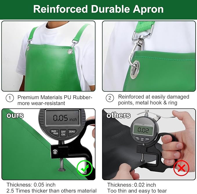 SHEOMERN Waterproof Rubber Apron, 43" Anti-Tear Heavy Duty Vinyl Adjustable Thicker Cross Back Dishwasher Apron for Restaurant Dishwashing, Butcher, Lab Work, Dog Grooming Green