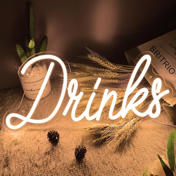 Britrio Warm White Drinks Neon Sign for Home Bar Kitchen Dinning Room Letter Light Birthday Party Bedroom Restaurant Cafe Man Cave Wall Art Decoration 5V USB Powered