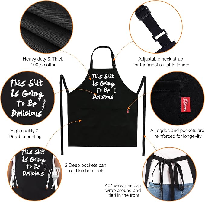 BBQ Funny Apron for Men, Chef Bib Apron with 2 Pockets, Adjustable Neck Strap and 40" Long Ties - Best for Kitchen Cooking, Grilling, Baking, Gardening - Black - Image 3