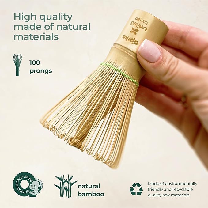 Aprika Life Matcha Bamboo Whisk Set with Holder | 100 Prong Chasen, Bamboo Scoop & Glass Whisk Holder | Matcha Whisk and Holder Starter Kit