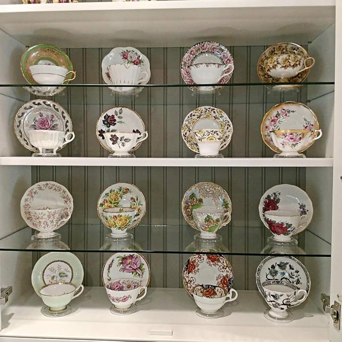 Hipiwe Acrylic Tea Cup Saucer Display Stands Clear Dinnerware Display Easel Stand Teacup Sets Plate Holder,Pack of 8 (8pcs,Short Legs)