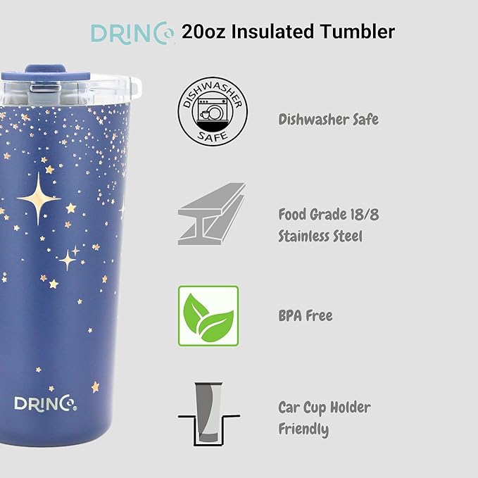 Drinco - 20 oz Stainless Steel Tumbler | Double Walled Vacuum Insulated Mug With Lid, 2 Straws, For Hot & Cold Drinks (20oz North Star)