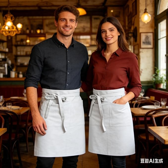 Cityelf Half Apron for Women Men Cotton Linen with 2 Large Pockets Waist Short Bistro Server Aprons Waiter Waitress Unisex - Image 2